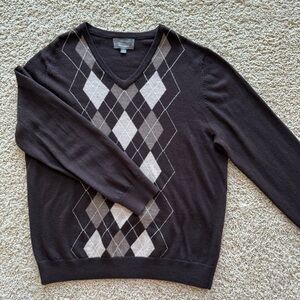 Merona Merino Wool Men's Diamond Argyle V-Neck Brown Dad Grandpa Preppy Sweater
